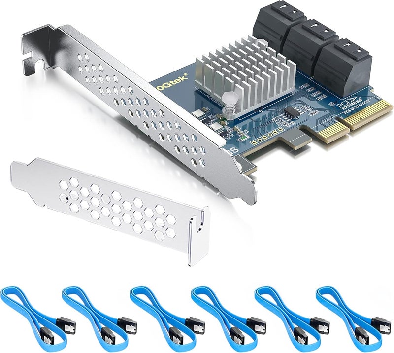 ipolex 6-Port PCIe SATA Expansion Card, 6Gbps SATA III Controller with 6 Cables & Low Profile Bracket, PCIe x4, Support 6 Devices for PC/Server/NAS - Image 1
